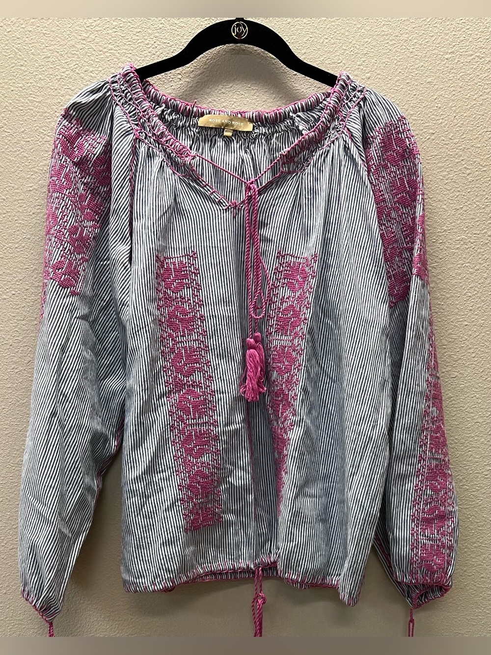 Rose And Rose - Medium - Striped Peasant Blouse with Pink Embroidery